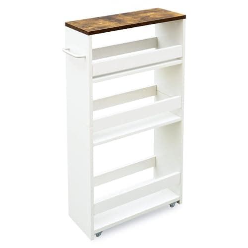 TEAMIX 4-Tier Slim Rolling Storage Cart, Wood Top (KS404W)
