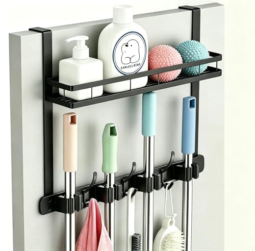 EARLESS BEAR Over-the-Door Broom and Mop Holder with Basket (WG6776)