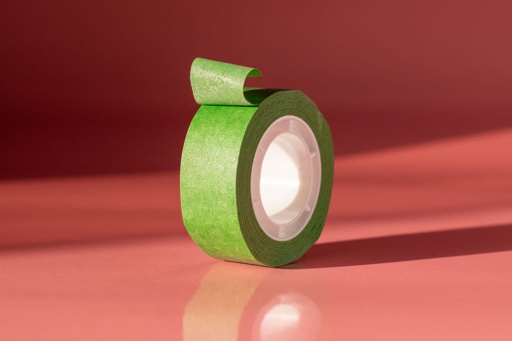 A roll of adhesive tape on a work surface with tools