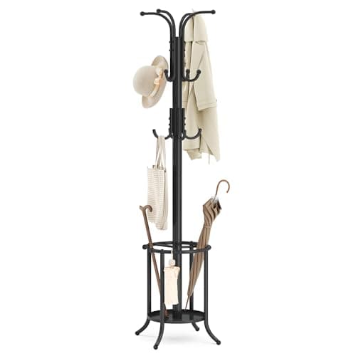 SONGMICS Metal Coat Rack with Umbrella Holder, 12 Hooks (URCR011B01)