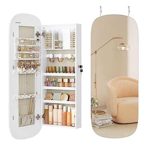 SONGMICS LED Jewelry Cabinet with Round Mirror, 42.5 in (UJJC026W01)